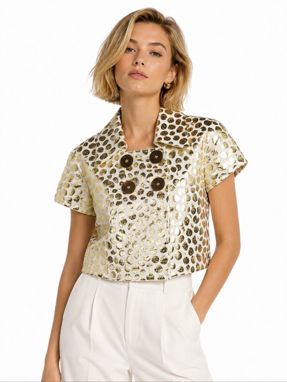 LaROK Metallic Leopard Print Cropped Jacket Short Sleeve Double Breasted S